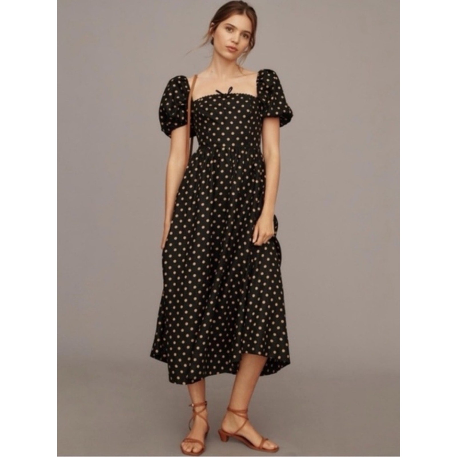Reformation Marella 100% Linen Midi Dress Polka Dots Puff-sleeve size 2