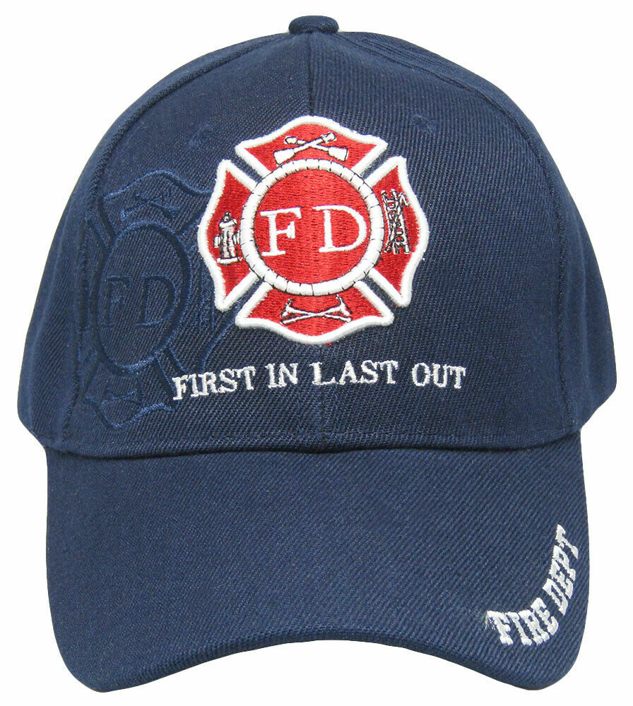 Fire Department First In Last Out Navy Blue Shadow Embroidered Cap Hat