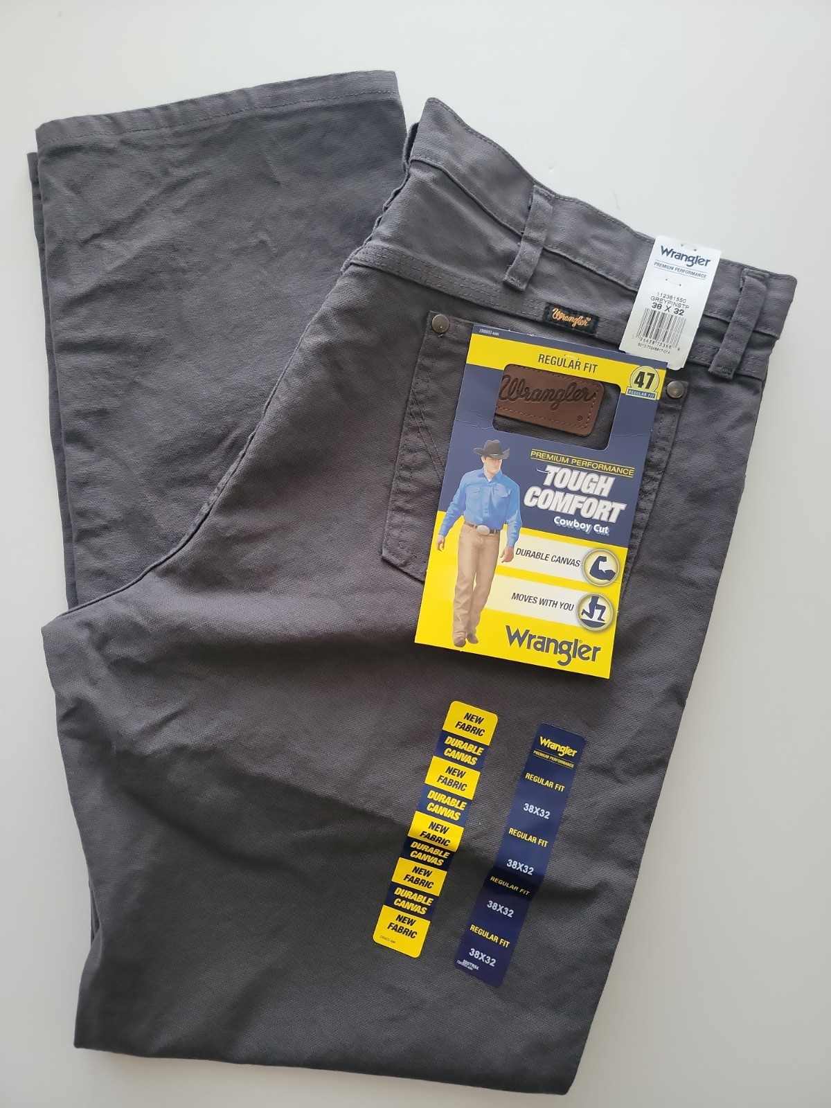 NEW Wrangler 47 Cowboy Cut Regular Fit Sz 38 x 32 Gray CANVAS STRETCH Jeans