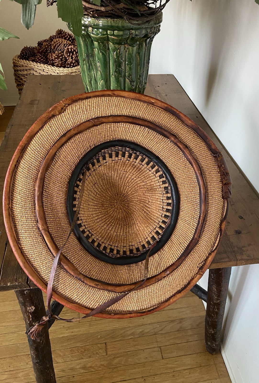 Antique African Ghanaian Hat ~ Traditional Conical Woven Straw & Leather ~19in