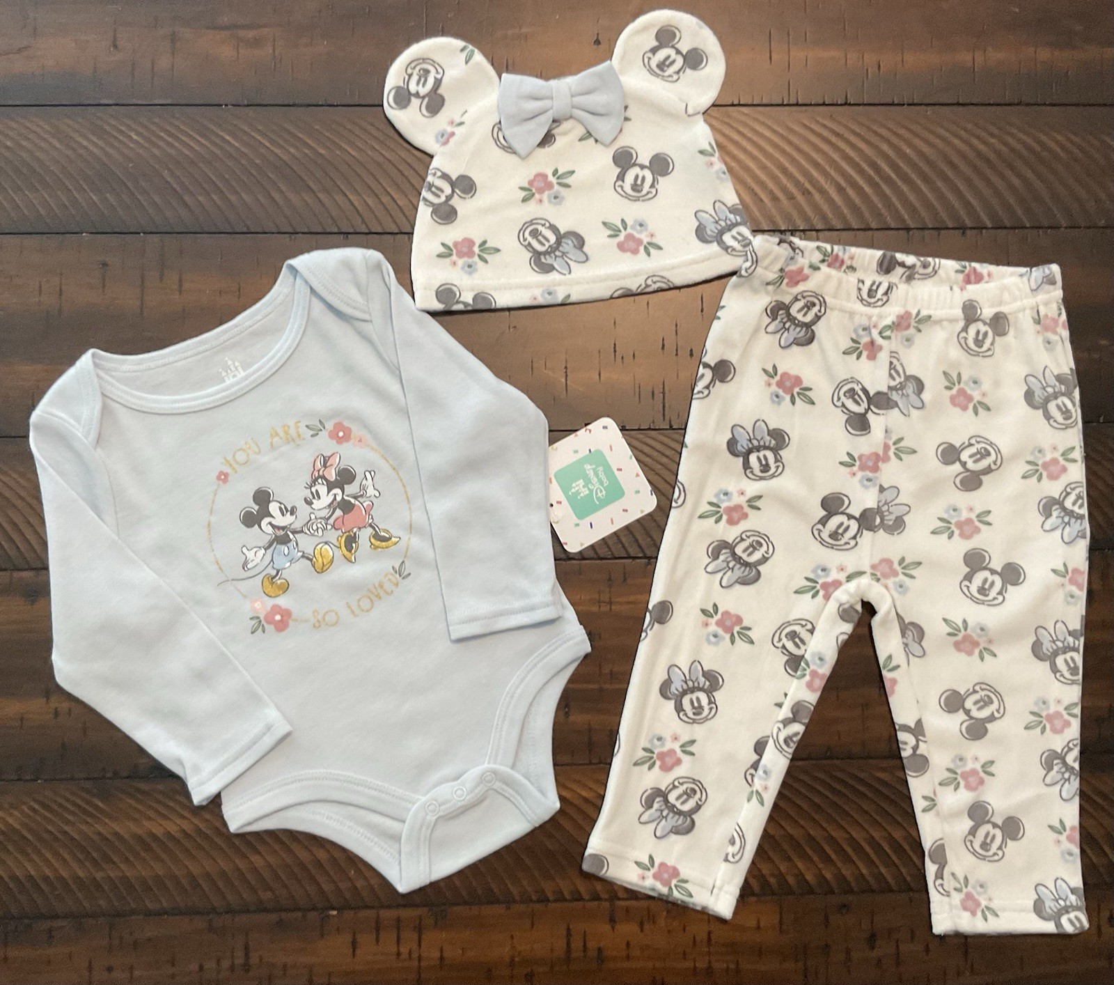 Infant Unisex 6-9 Mos Disney Baby 3 Piece Set Micky & Minnie Bodysuit Pants Cap