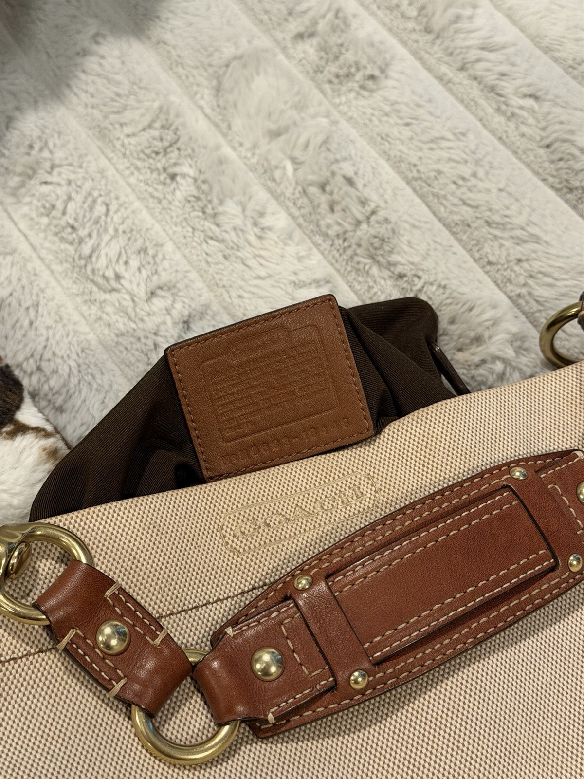 Coach Beige Shoulder Bag Brown Strap Zip Studded Gold Hardware Inner Pockets