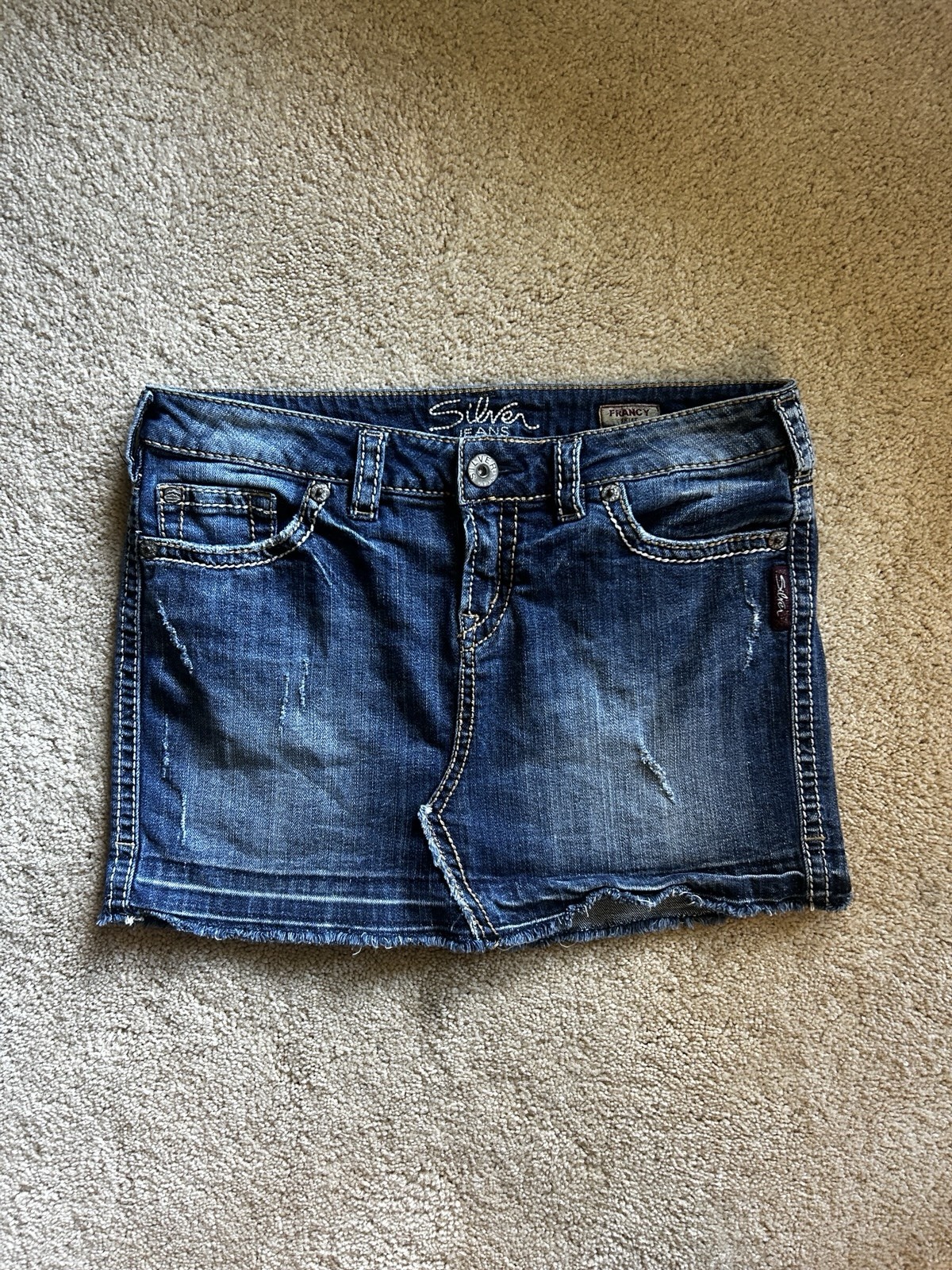 Silver Jeans Francy Blue Denim Mini Skirt Size 5 Logo Embroidered Button Pockets