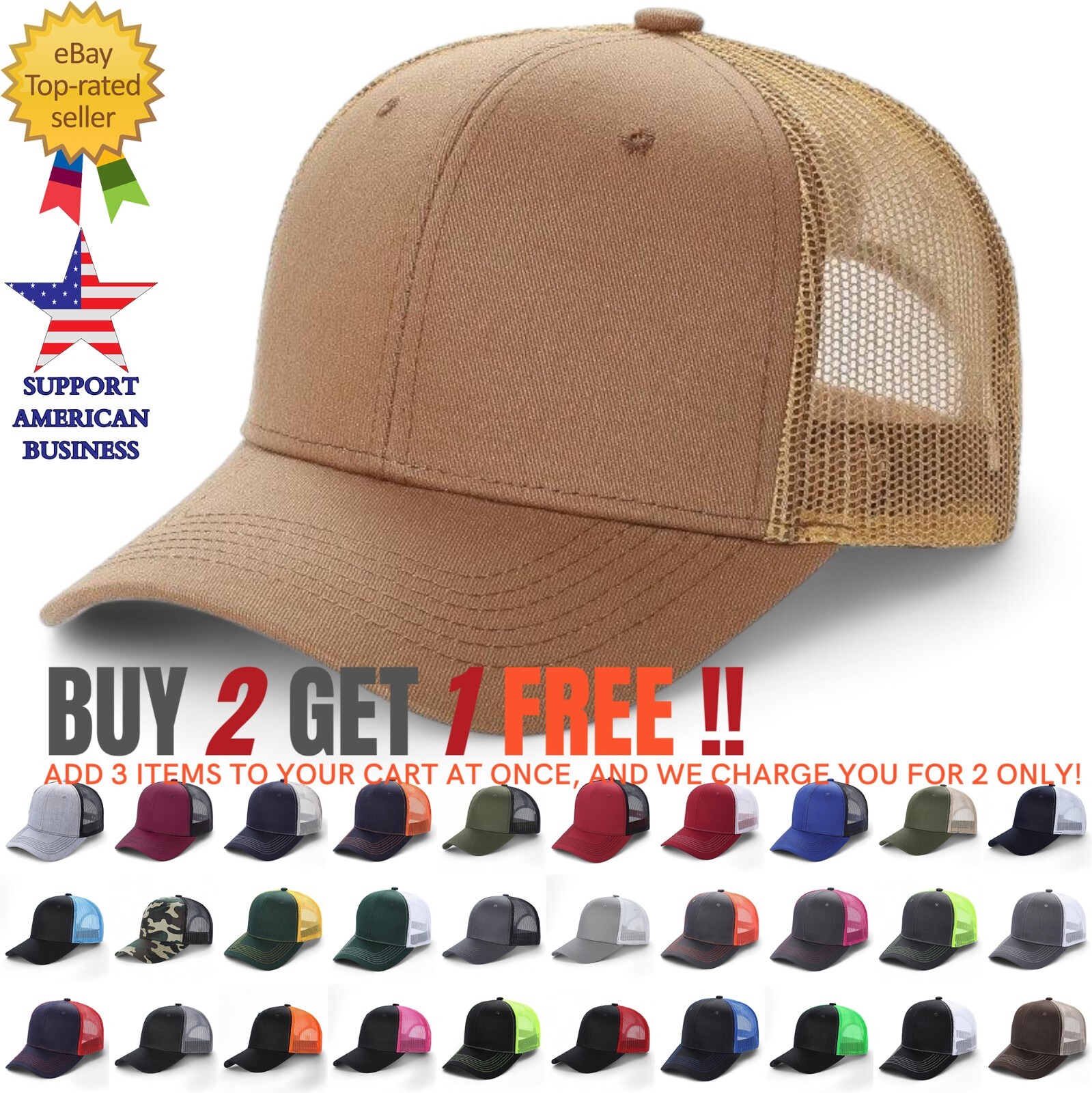 Baseball Cap Cotton Trucker Mesh Hat Snapback Adjustable for Men Women Solid