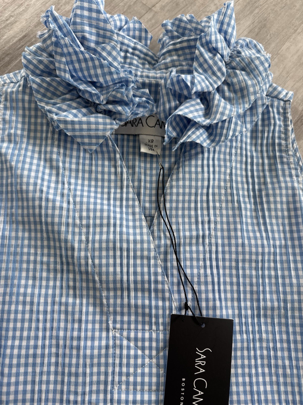 Womens Sara Campbell Aline Ruffle Neck Sleeveless Dress NWT BlueWhite Gingham XS