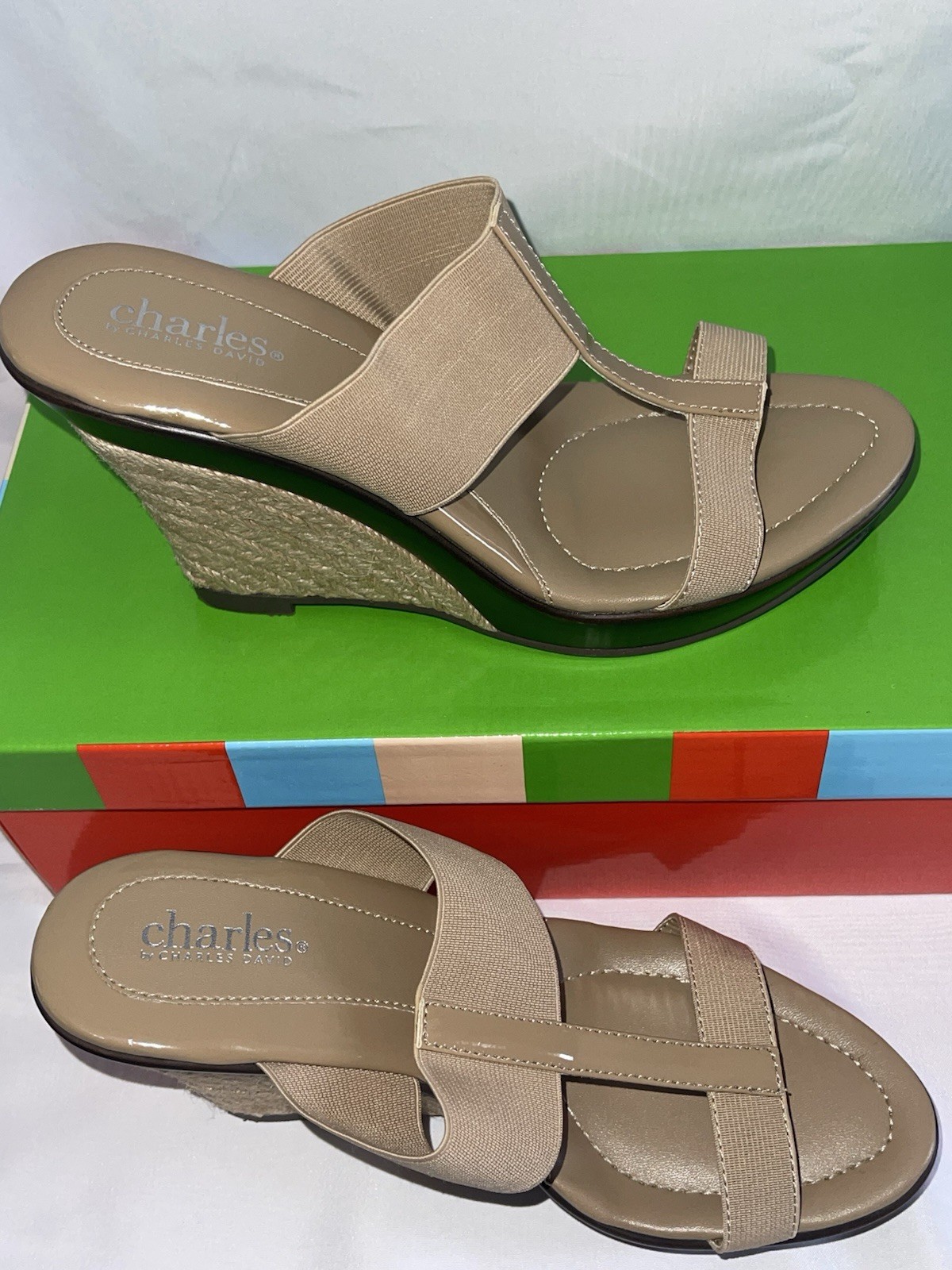 Charles by Charles David Women’s Camel Stretch T-Strap Wedge Sandals 7.5 M