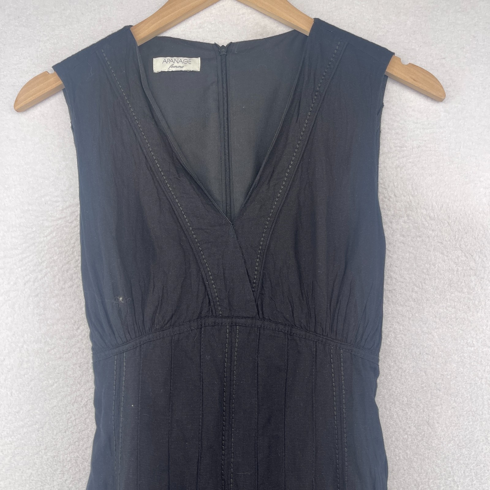 APANAGE Dress 6 Cotton Metallic Crinkle V-Neck Sleeveless Back Zip Tie Black