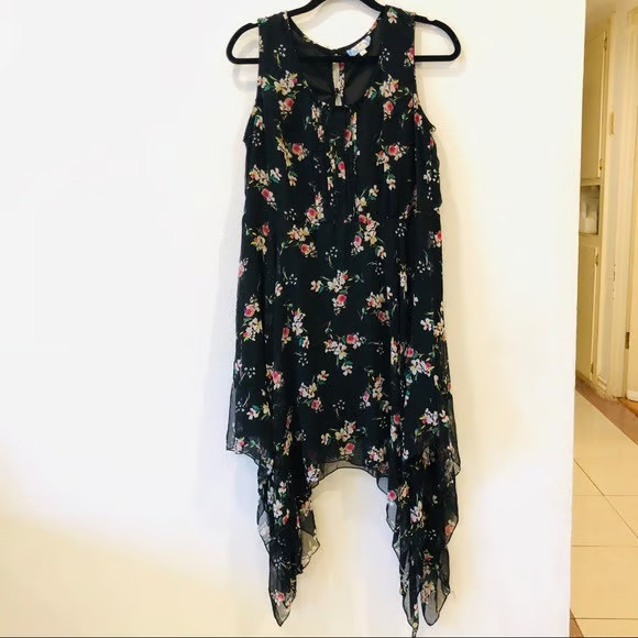 Boho Floral Chiffon High Low Dress Black Sleeveless – Used