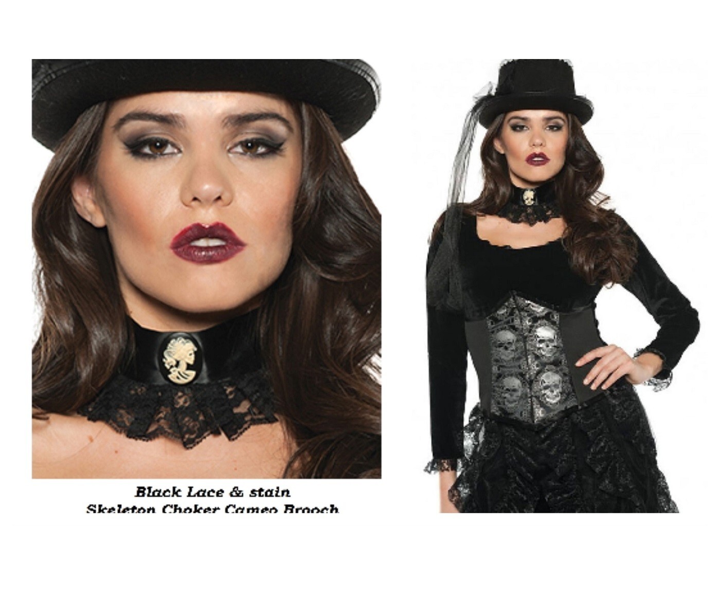 Black Lace & stain Skeleton Choker Cameo Brooch necklace Victorian Gothic