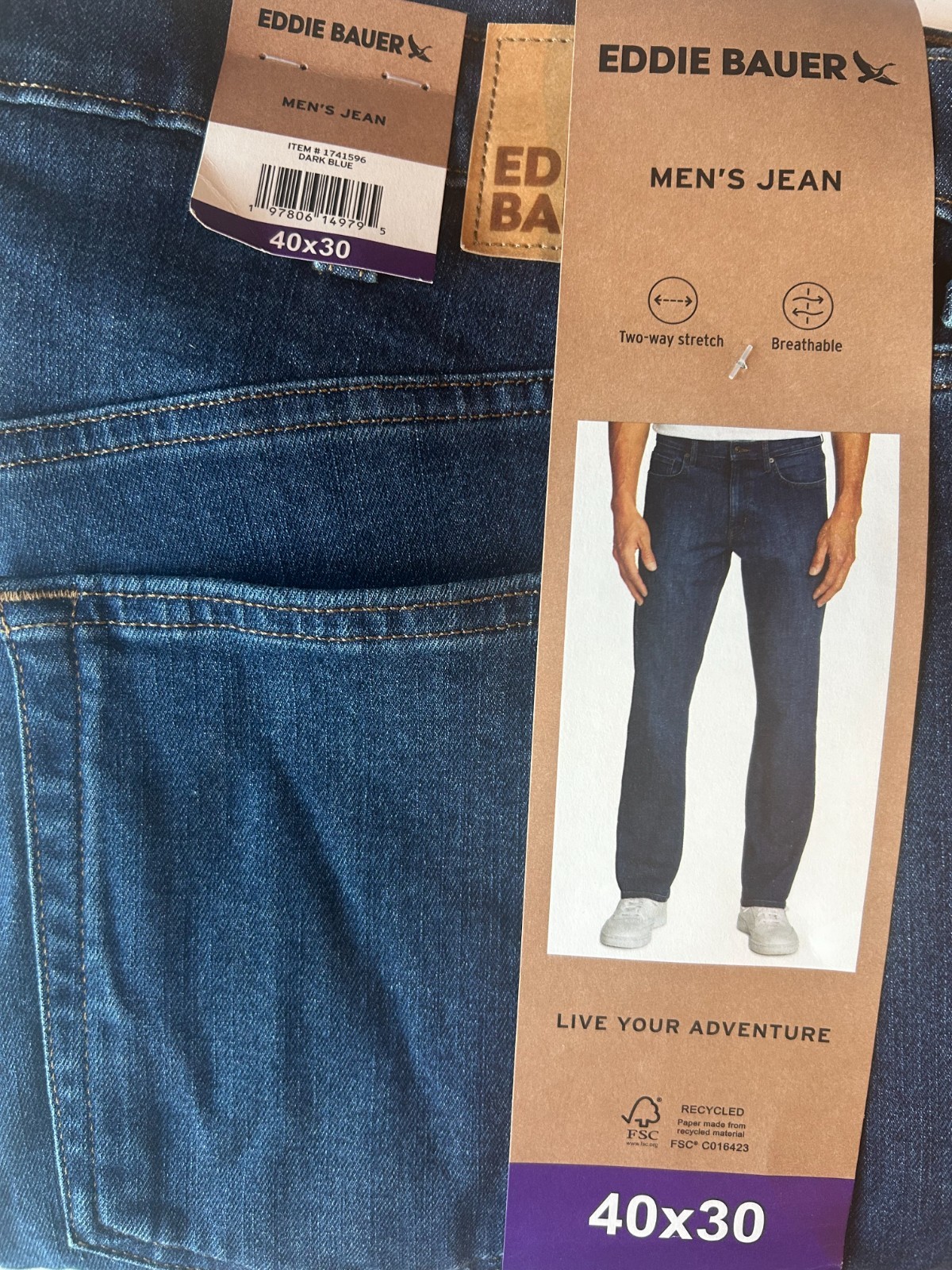 Eddie Bauer Men’s Jean Regular Fit Stretch Denim Dark Blue Size 40×30