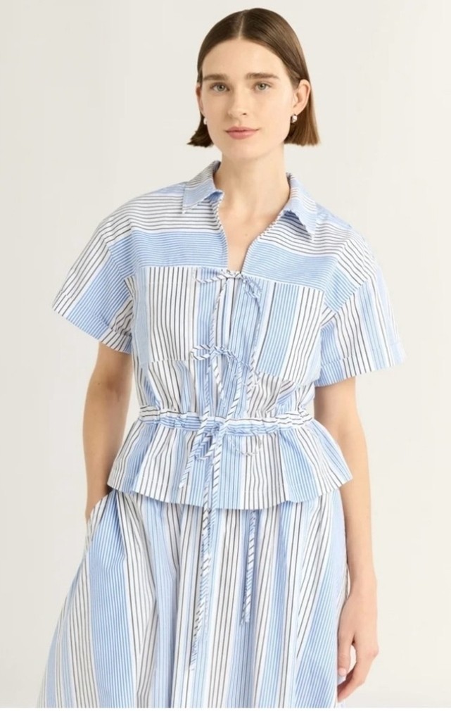 Free Assembly Women’s Blue White Striped Collared Blouse and Midi Skirt Set L