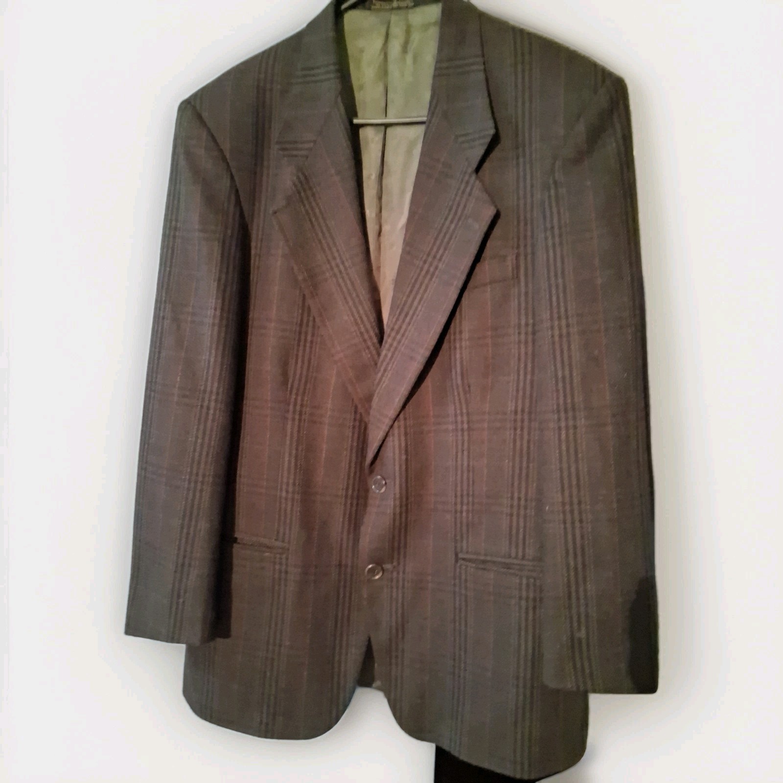 Men’s Vintage Cellini 100% Wool Blazer Olive, Red, and Dark Brown Plaid 42R