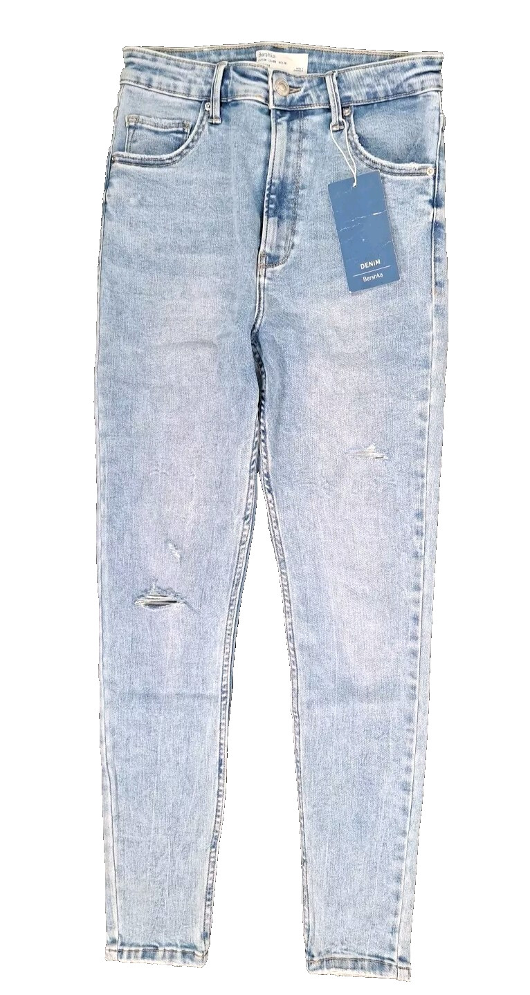 BERSHKA Skinny Jeans High Rise Distressing Blue Denim BNWT Women’s UK 10
