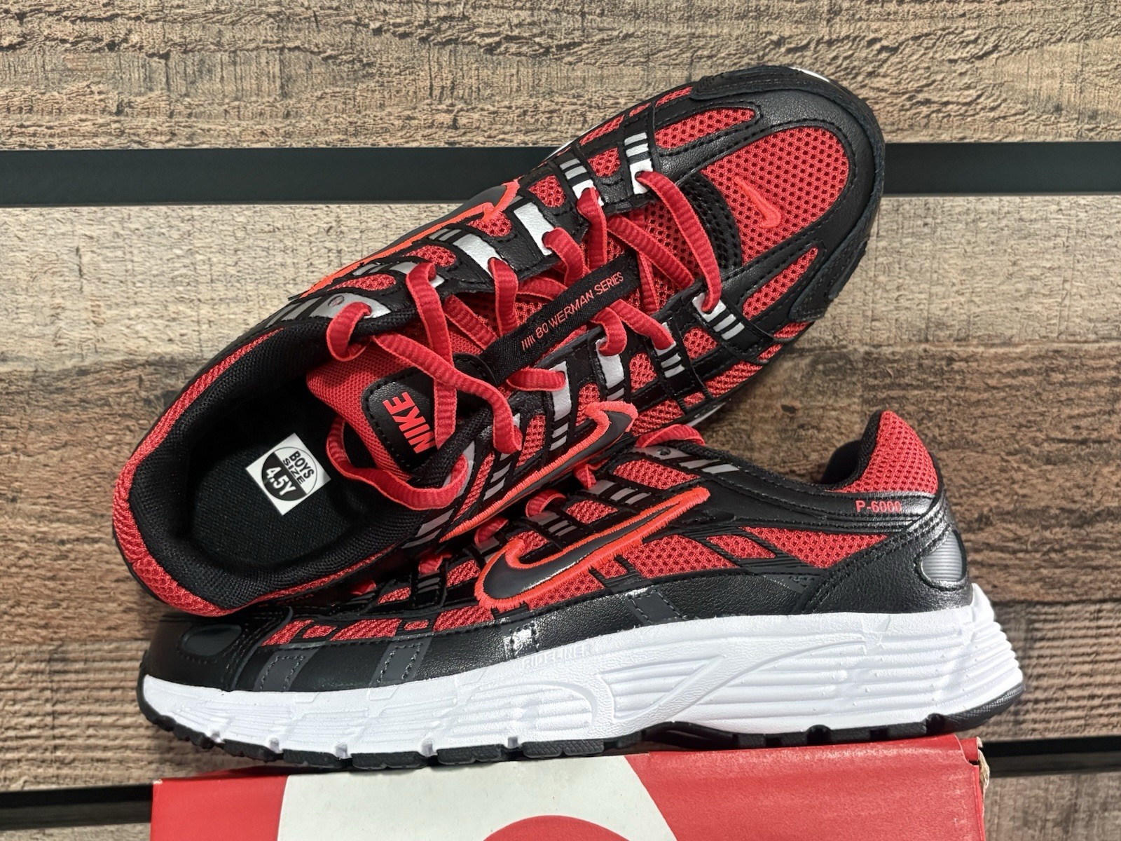 Nike P-6000 GS Red Black Boys Athletic Sneakers 4.5Y Lace Up Mesh Low Top