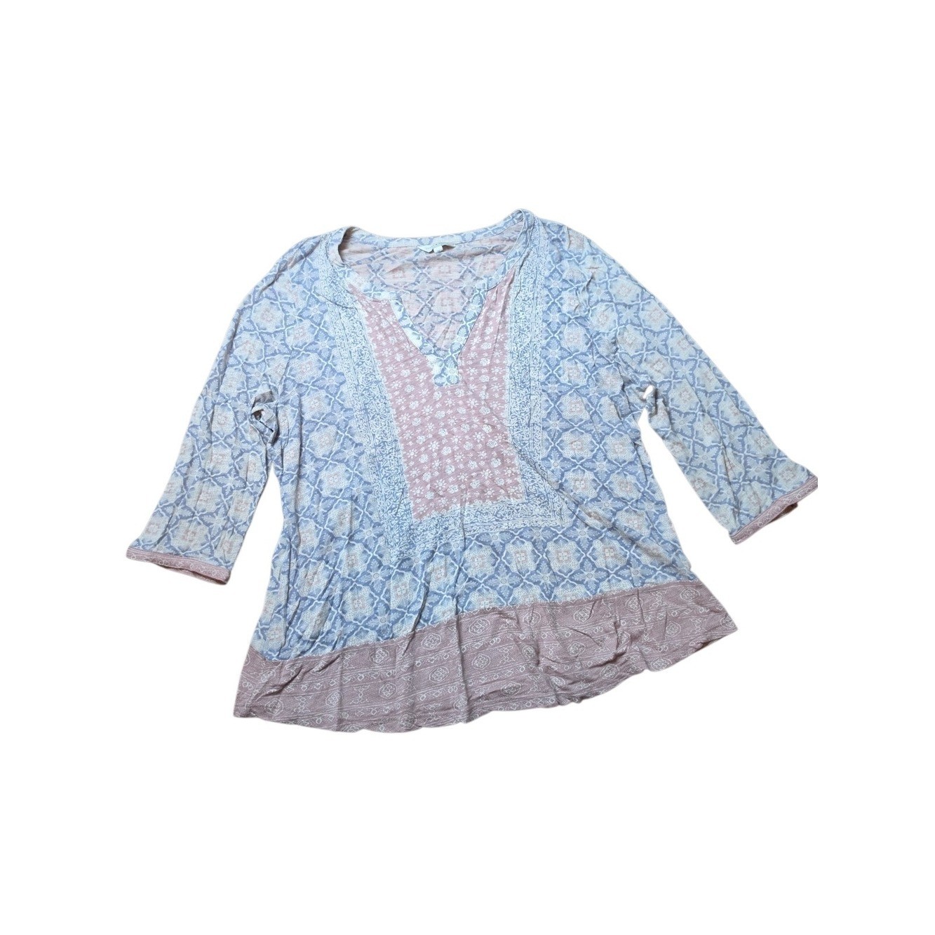 LUCKY BRAND | Boho Print Cotton Modal Peasant Tee Tunic Dusty Blue Pink Top | 1X