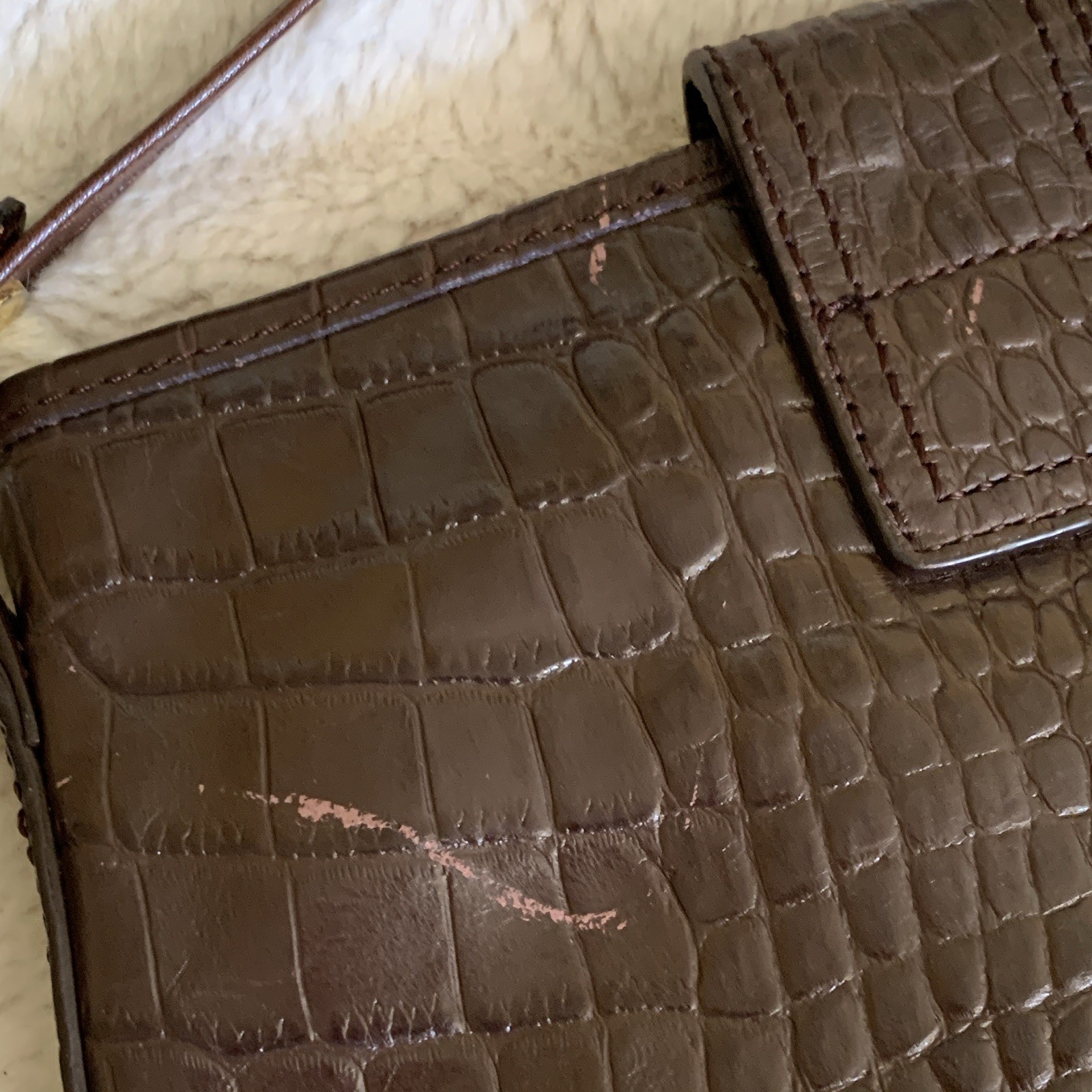 DKNY Women’s Brown Crocodile Embossed Crossbody Push Lock Gold Hardware