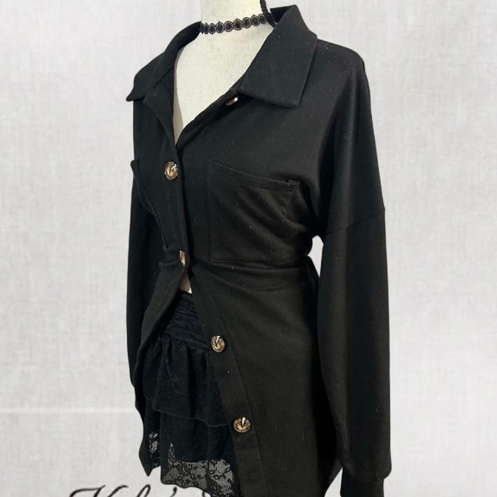 Edgy Mysterious Black Coat with Collar and Buttons.