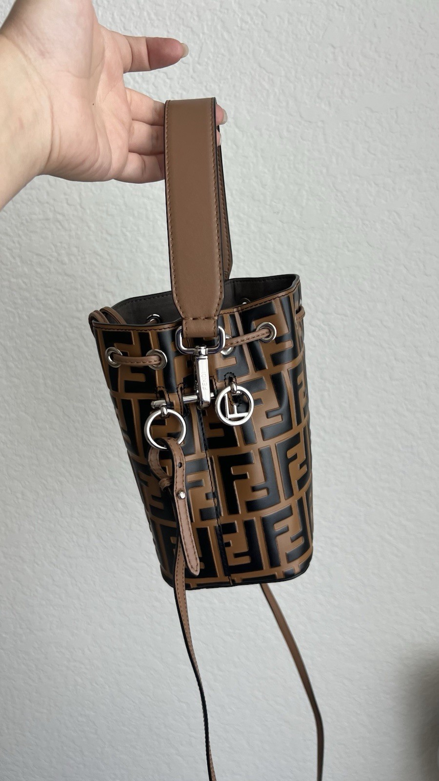 FENDI Mon Tresor Mini Bucket Drawstring Bag Brown/Black FF Logo, Dust Bag