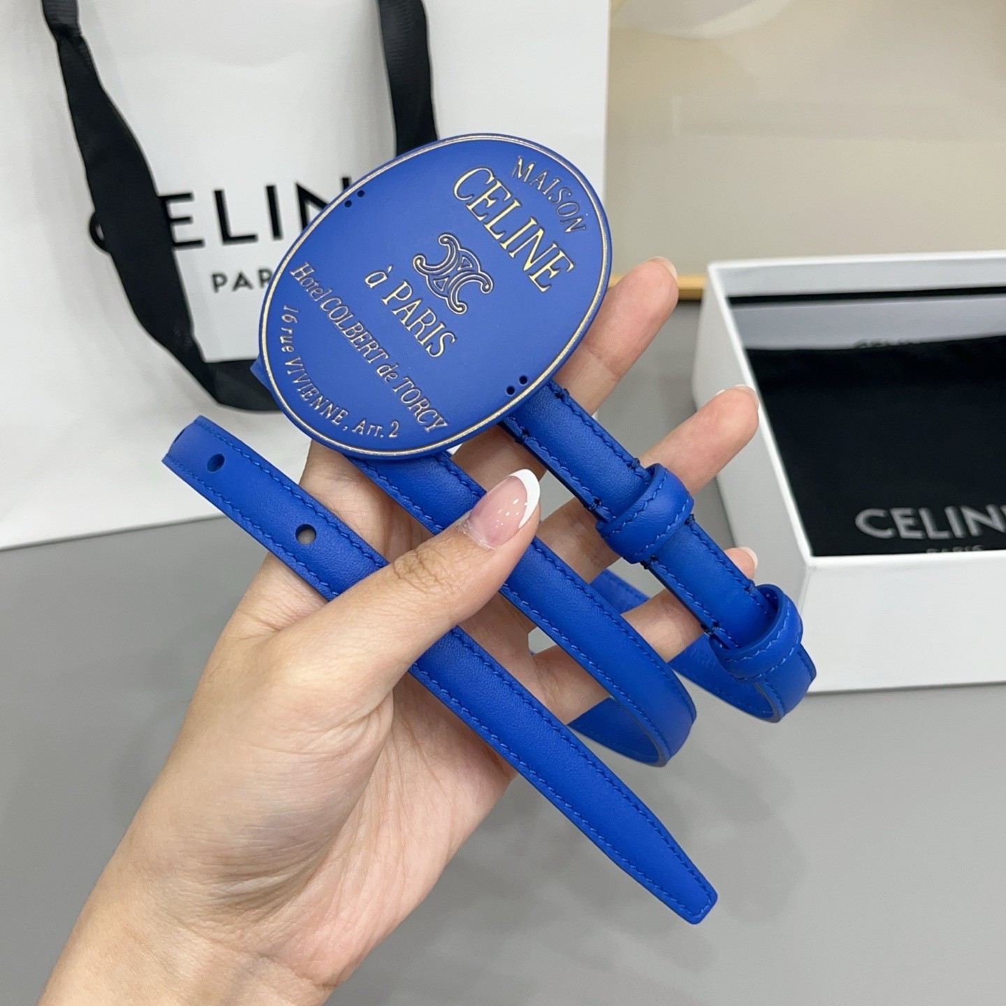 Women’s Celin*e 1.3cm/0.51in Blue Leather Belt Blue retro oval badge buckle