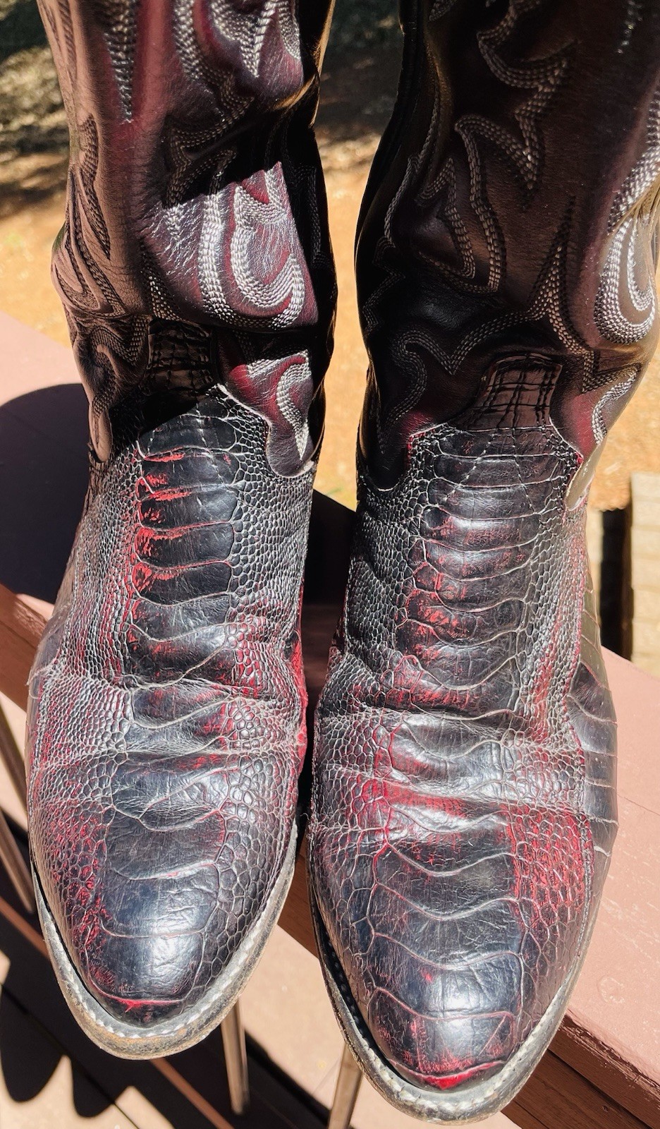 J.Chisholm Vintage Ostrich & Leather Cowboy Boots Black Cherry, 10.5 D, USA Made