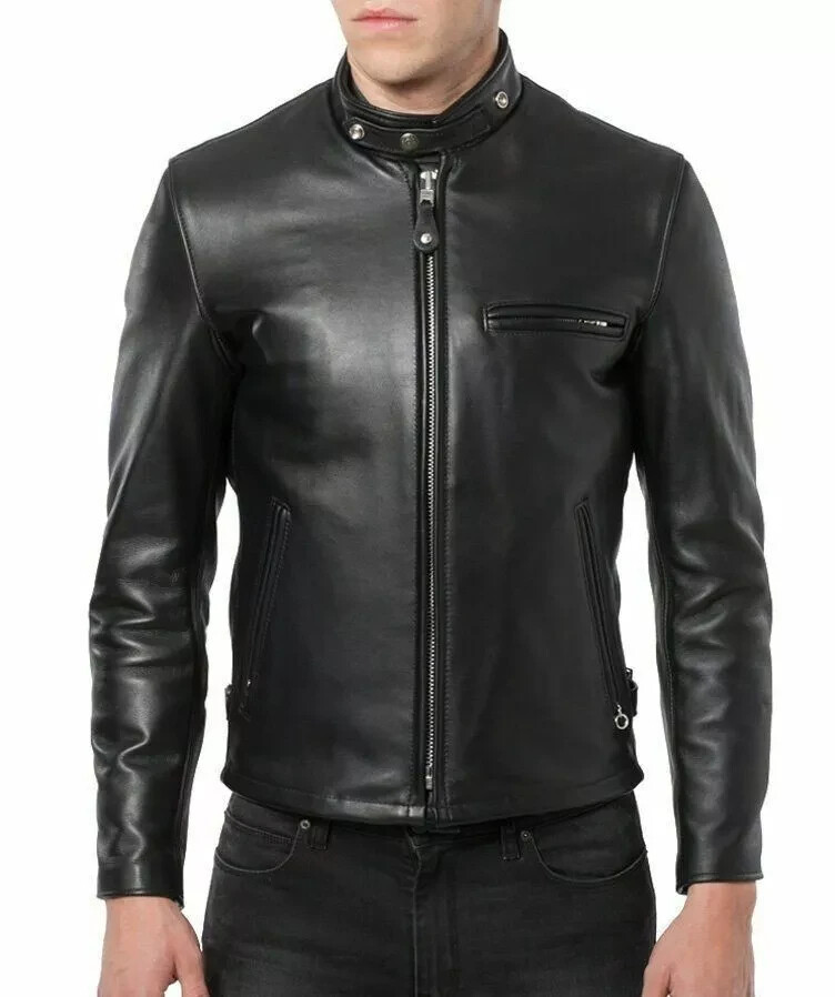 Cafe Racer Retro Men’s Motorcycle Biker Leather Jacket Black Real Sheepskin