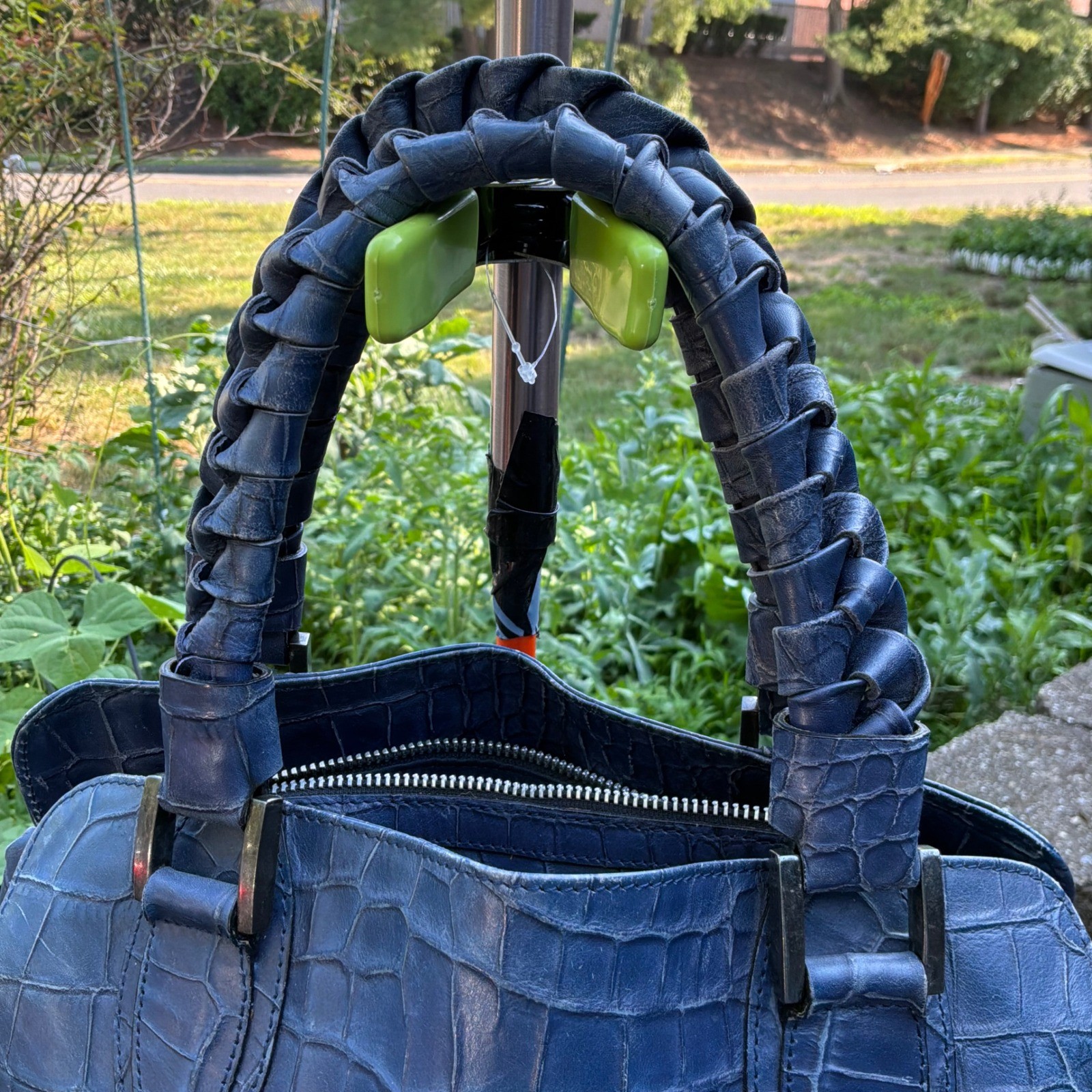 Falor Tote Bag Large Blue Croc Embossed Leather Braided Handles Made in Italy
