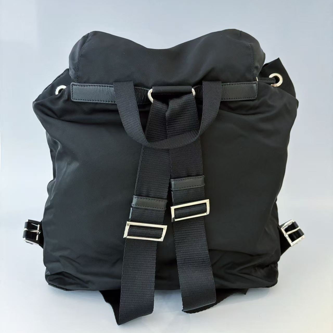 Prada Regular Black Re-Nylon Saffiano Trim Nylon Drawstring Flap Backpack
