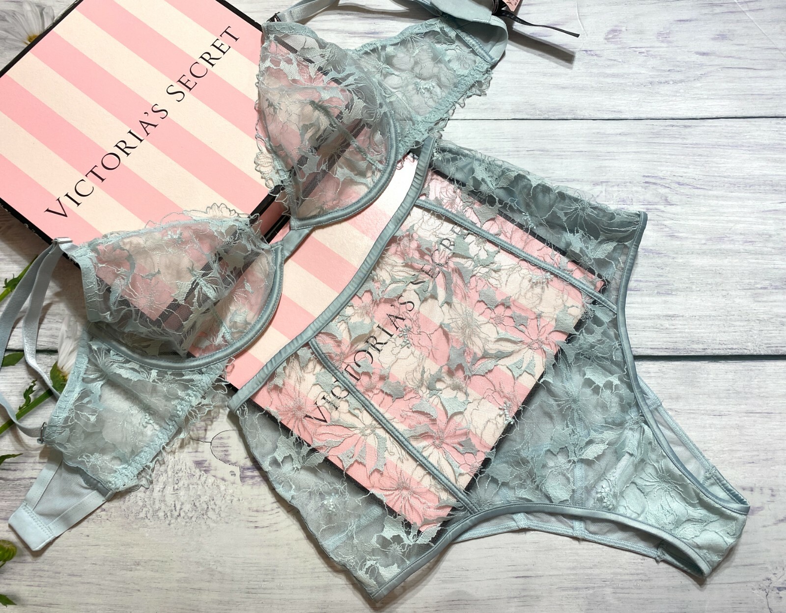 Victorias Secret LUXE LINGERIE Unlined Demi Bra High Waist Panty Set Dusty Blue