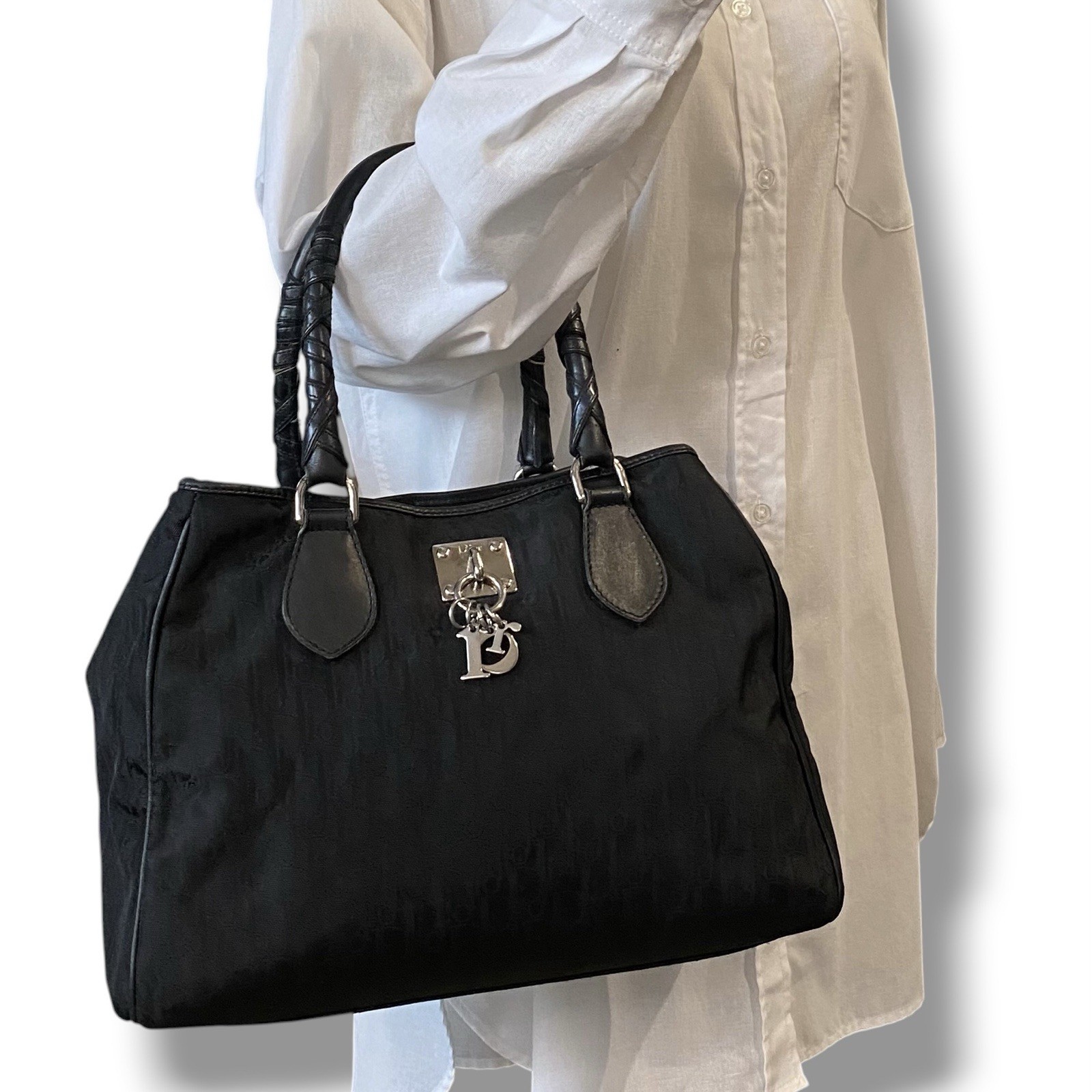 Christian Dior Lovely Trotter Tote Handbag Canvas Nylon Logo hardware Vintage