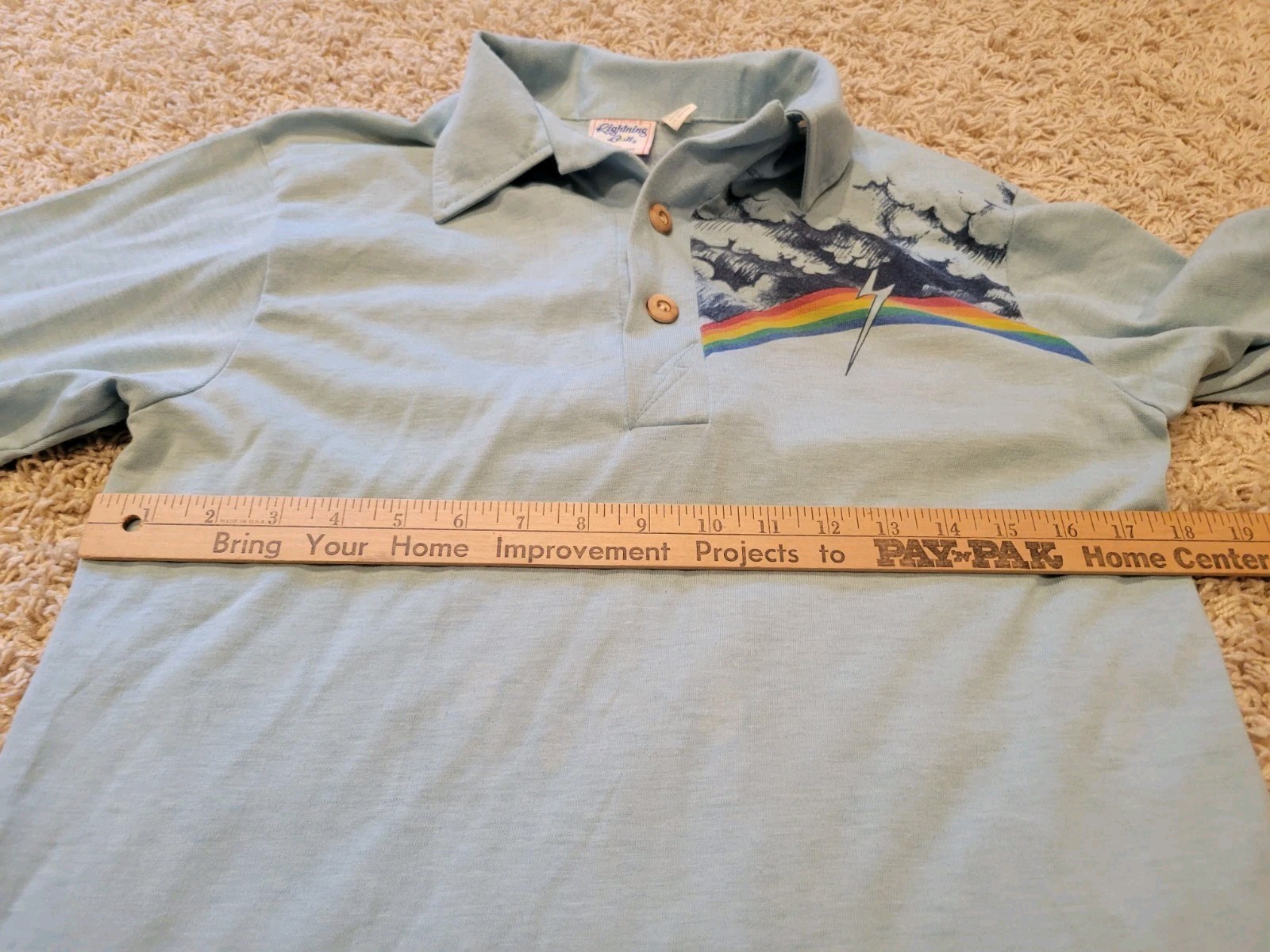 VTG 70s Lightning Bolt Polo Shirt Surfer Waves Wood Button Blue Surf Sz Xs*