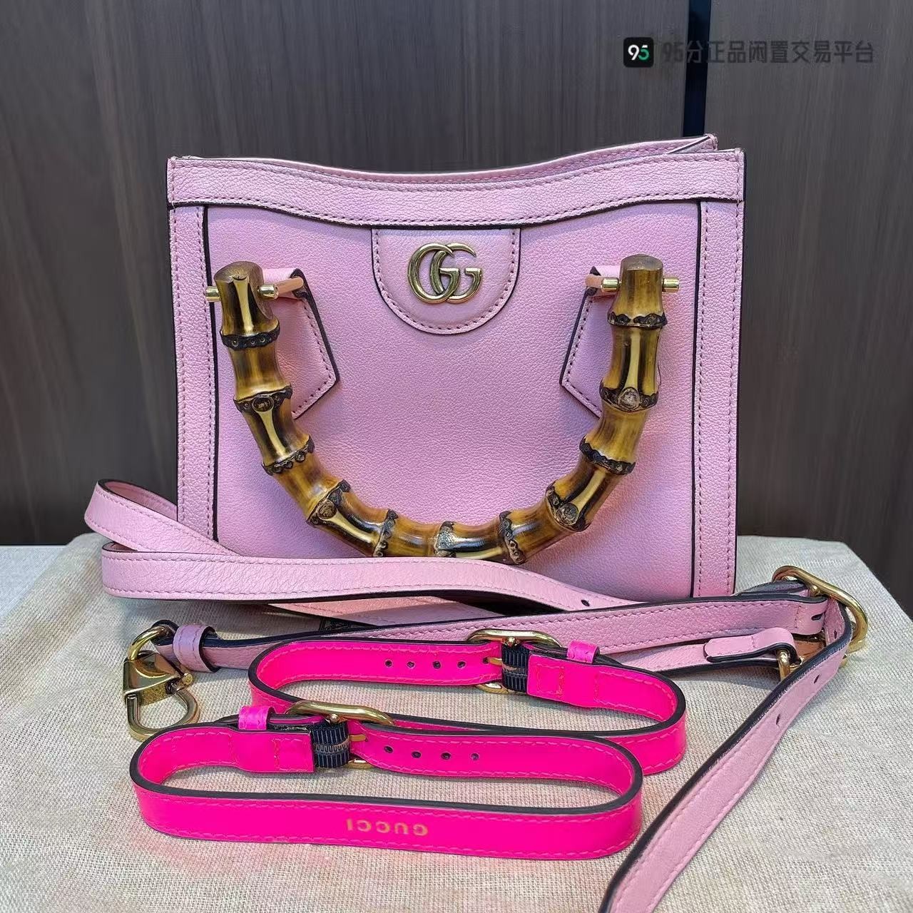 Gucci Diana Small Bag Pink Leather Bamboo Handle Two-Tone Strap Tote Bag Genuine
