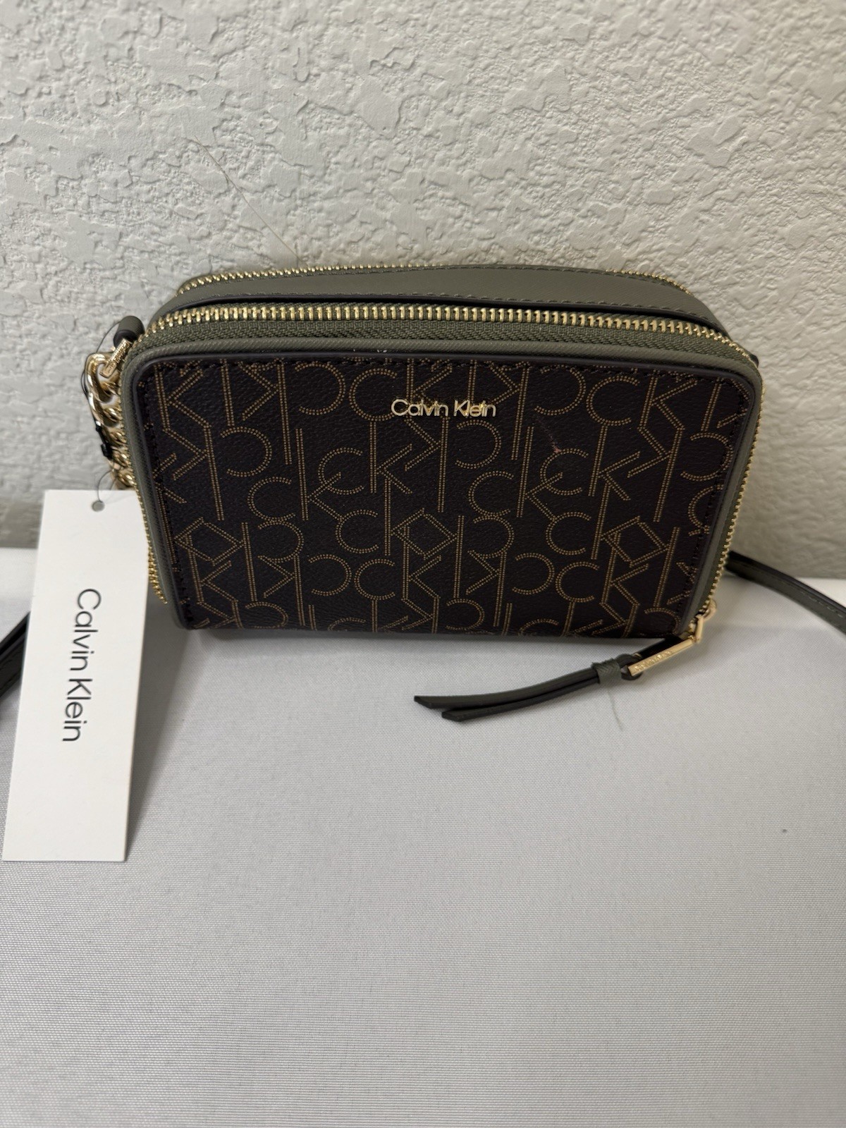 Calvin Klein Marybelle Signature Double Zip Organizational Crossbody bag Khaki