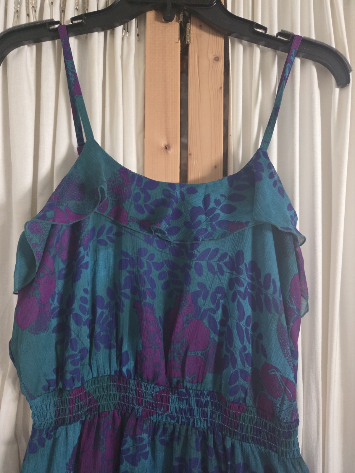 Express Teal Purple Floral Chiffon Maxi Dress Scoop Neck Smocked Pullover S