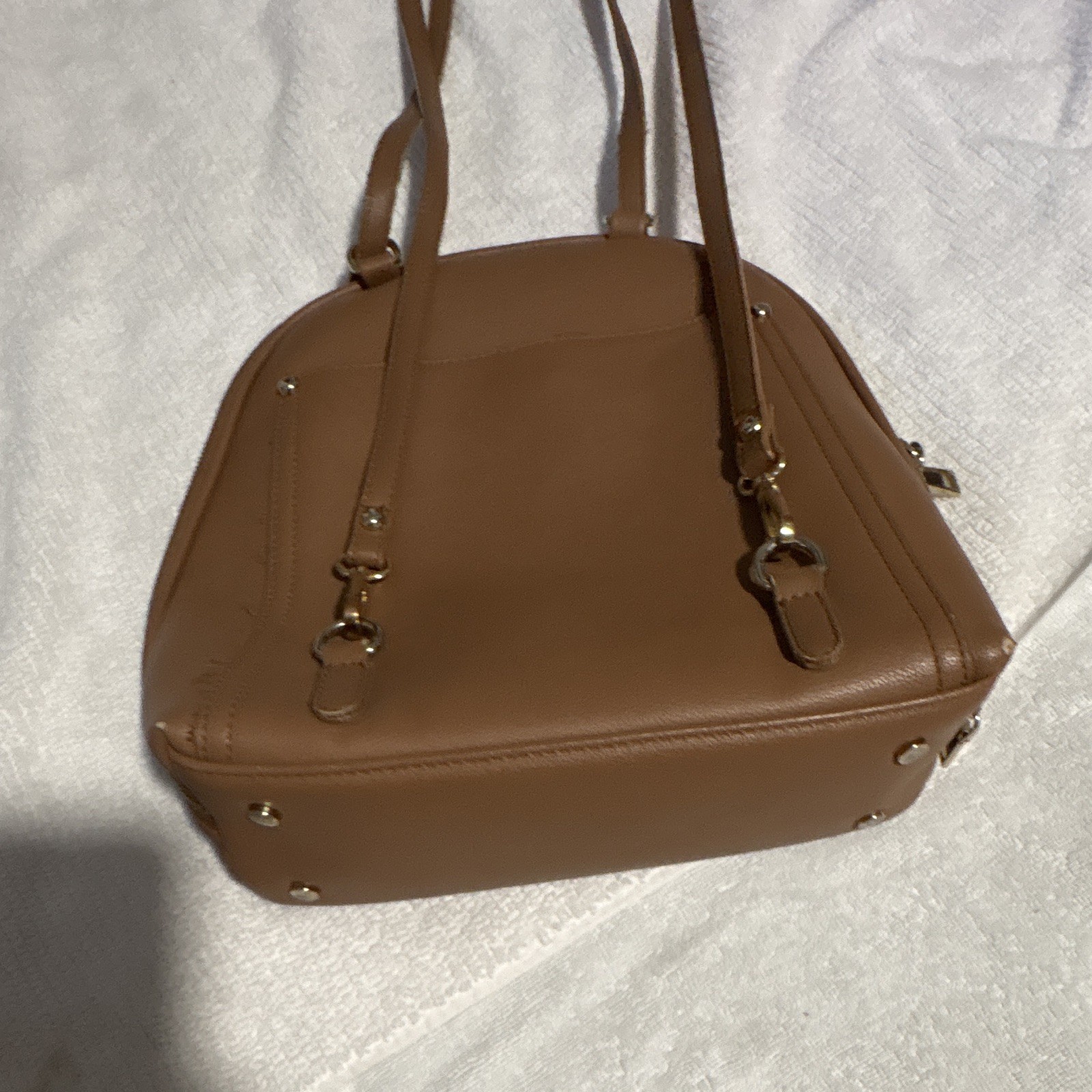 Mistique Brown Satchel Top Handle Bag Zip Closure Inner Pockets Gold Hardware