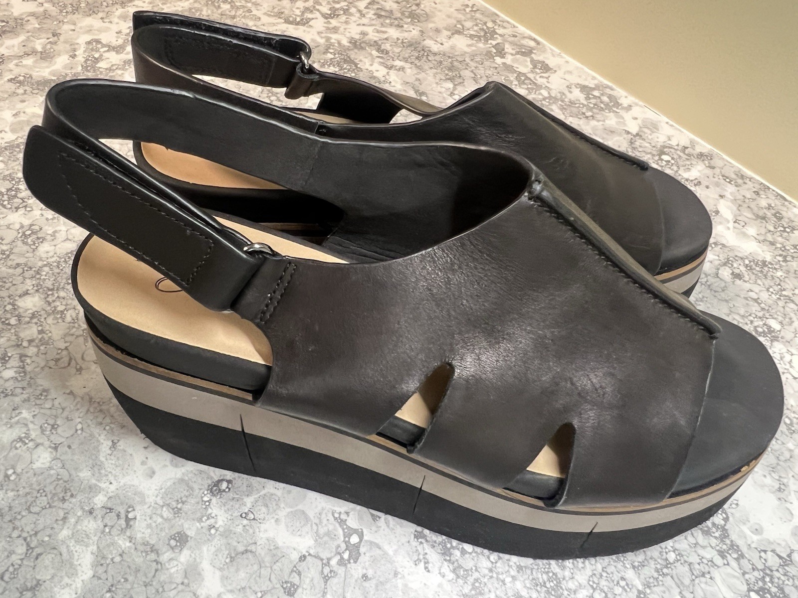 Naked Feet Geo Platform Genuine Leather Wedge Sandal Womens Size 8.5