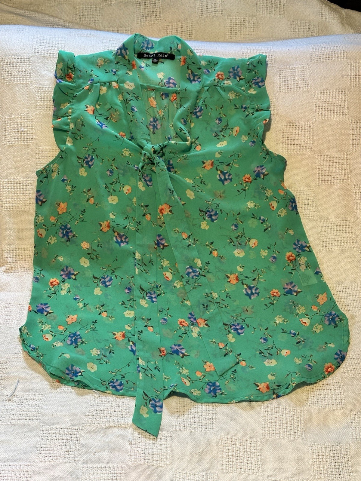 Sweet Rain Women’s M Green Floral Chiffon Collared Sleeveless Ruffle Tie Blouse