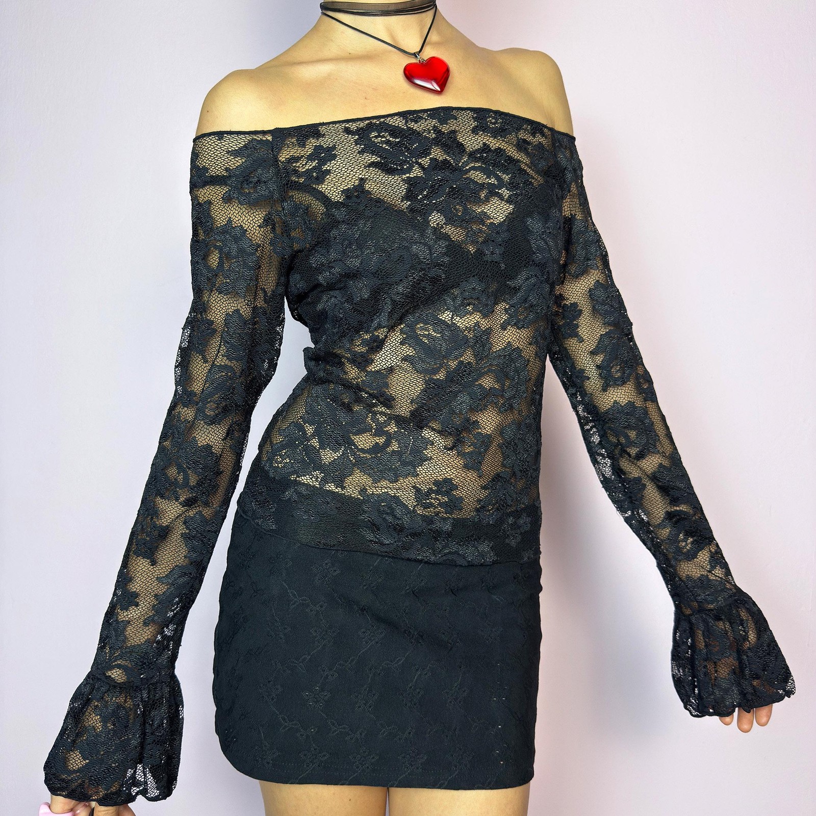 Vintage Black Lace Sheer Top Off Shoulder Bell Sleeve Party Y2K 2000s Size M