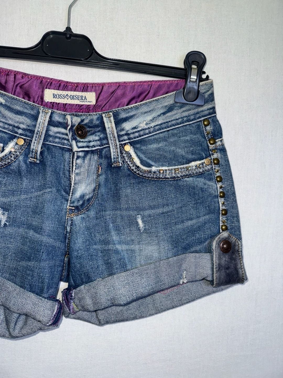 Rossodisera Low Rise Distressed Denim Studded Shorts with Zipper Pockets