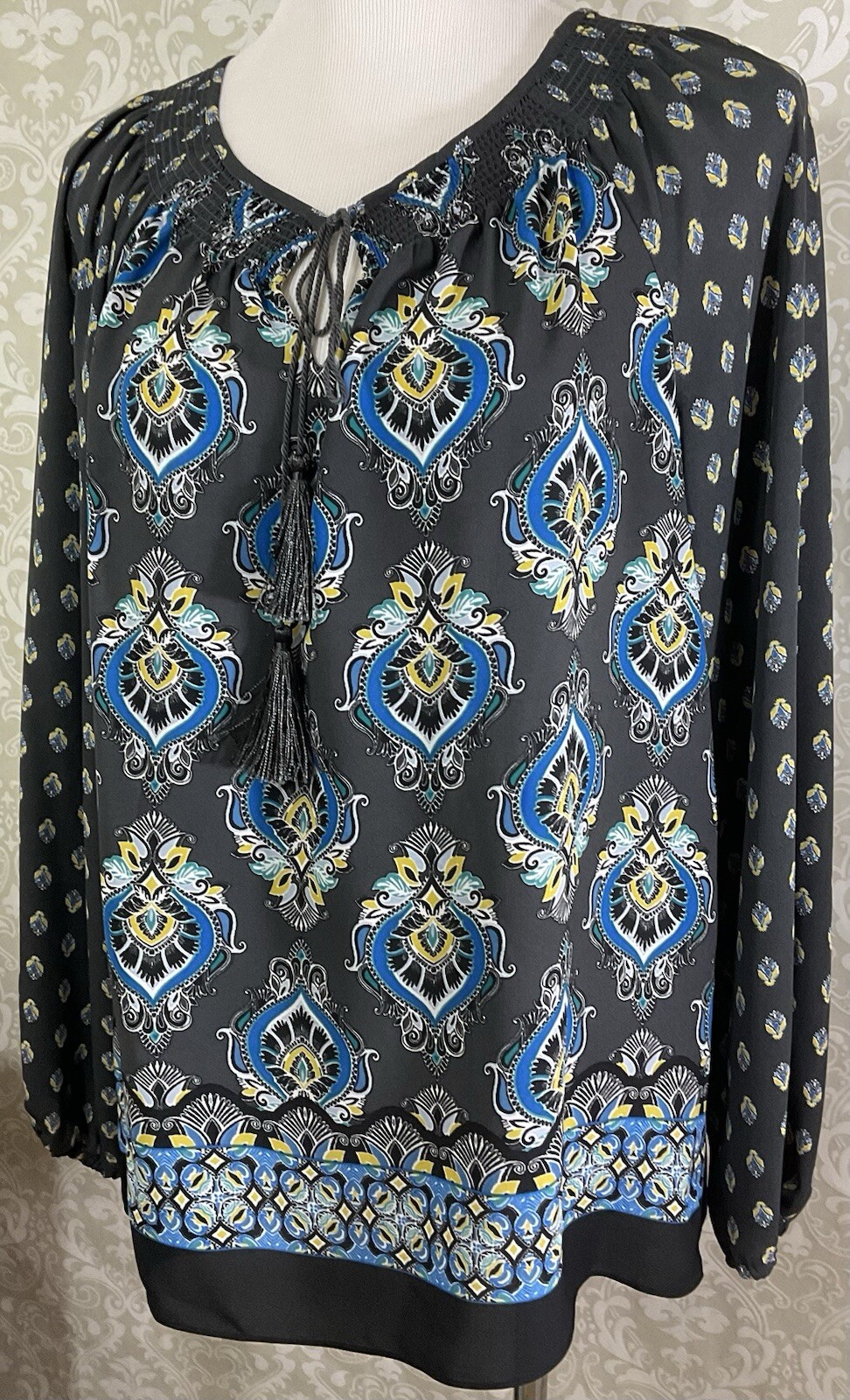 JONES NEW YORK Women’s Tunic Blouse Large Tasseled Ties Long Slvs Boho Peasant