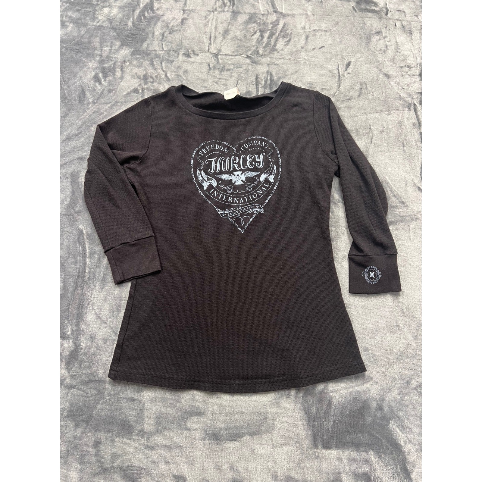 Hurley International Womens Black Thermal Waffle Knit Heart Graphic Top Medium