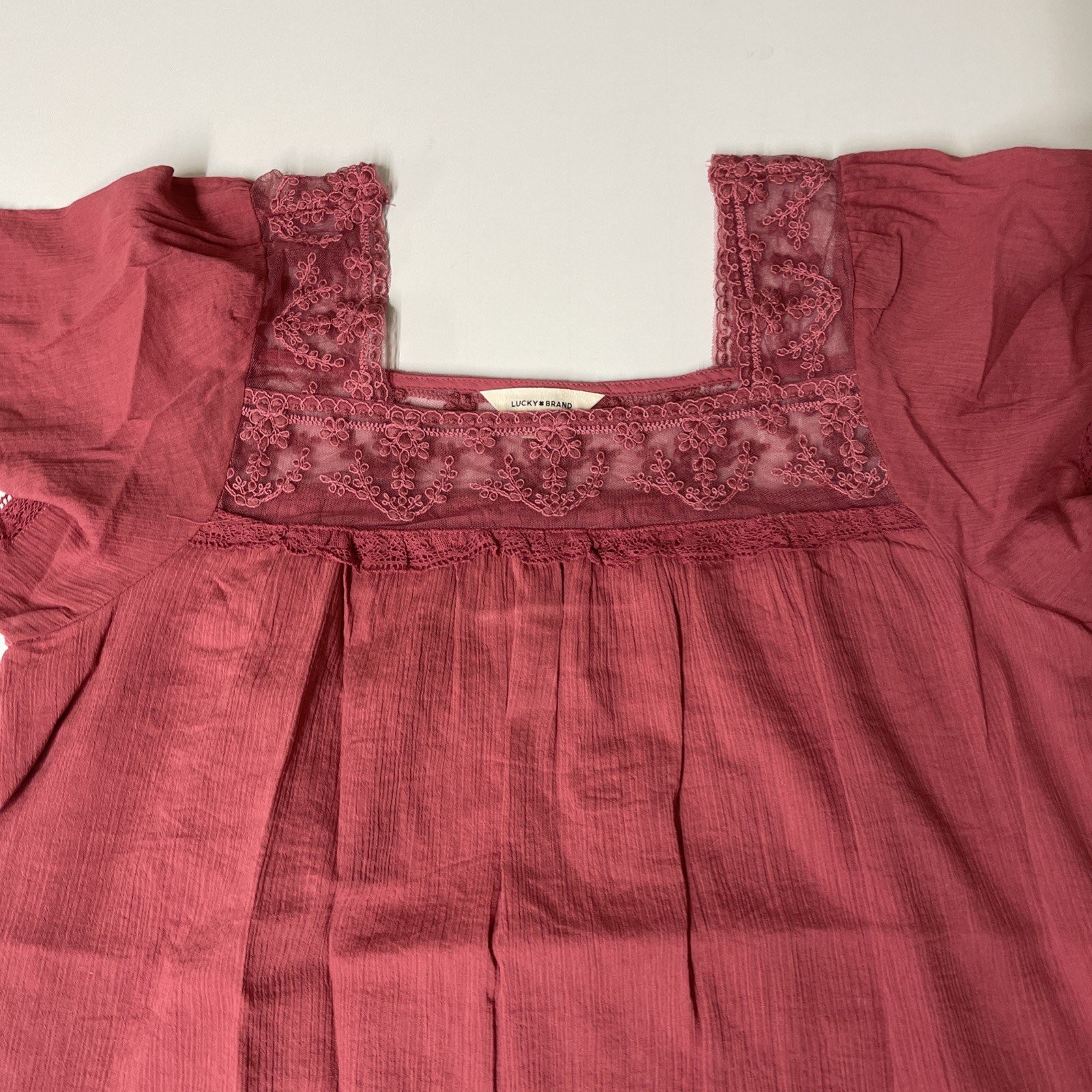 Lucky Brand Mesh Lace Square Neck Blouse Rose Wine Pink Women’s Large L
