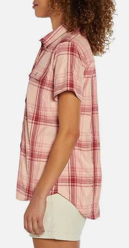 Eddie Bauer Ladies Short Sleeve Adventure Top, Large, Peach Starling Plaid