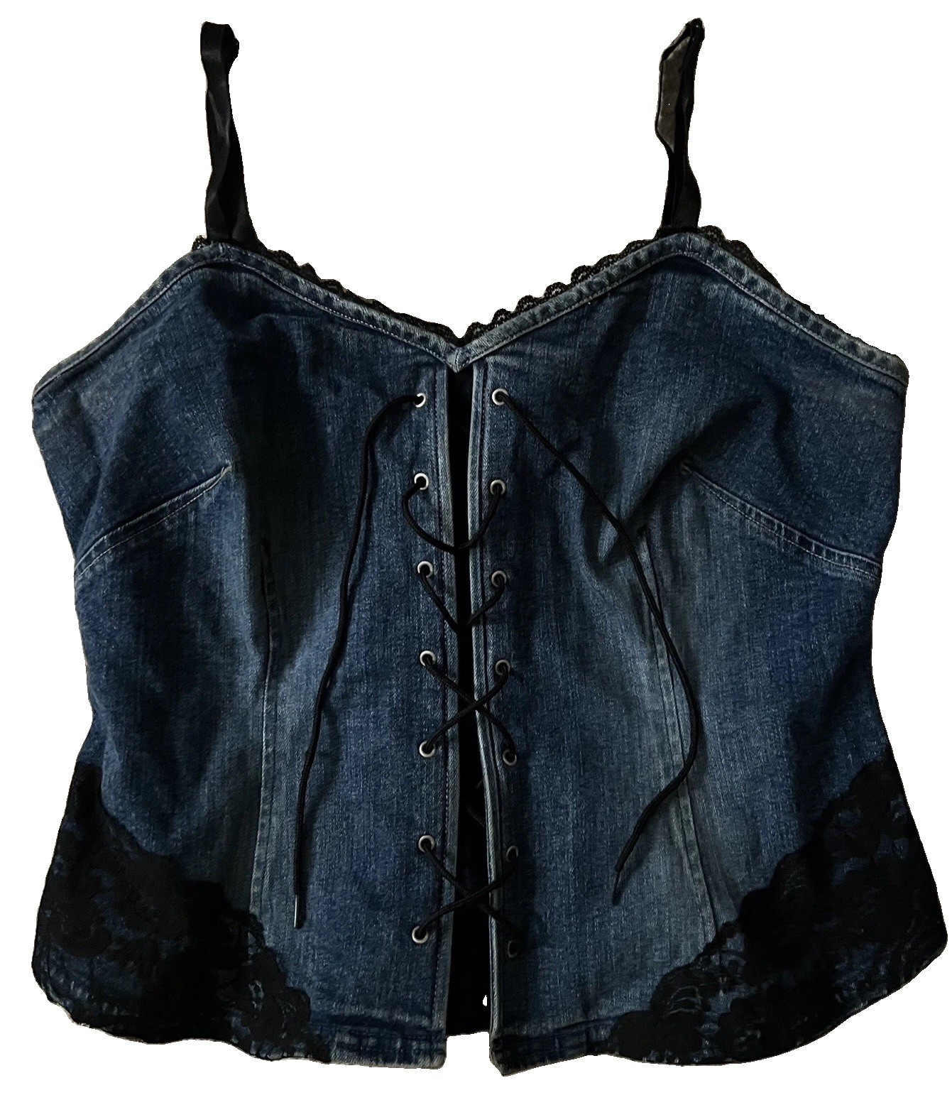 Denim Lace Up Corset Cami Top Size 14 Y2K Lace Trim Venezia Jeans Womens