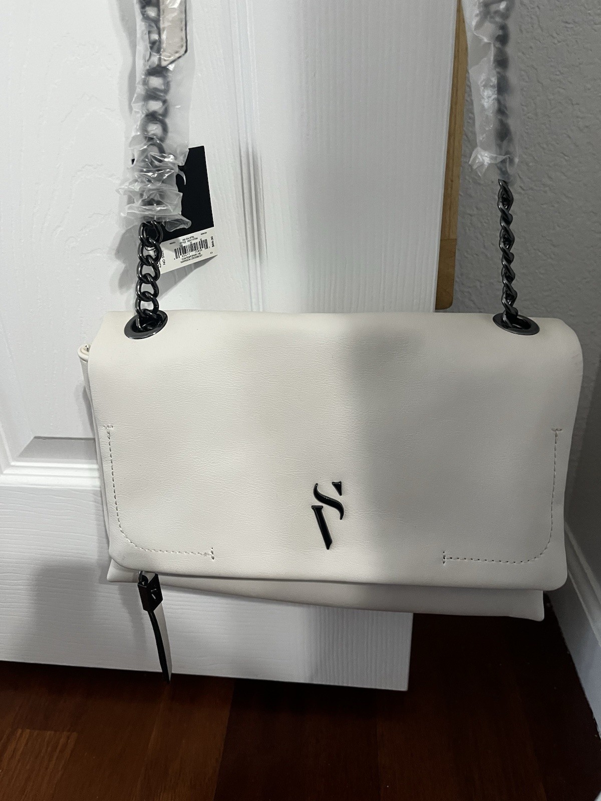 White Medium Crossbody Bag w/ Detachable Chain Strap, Magnetic Flap, Matte