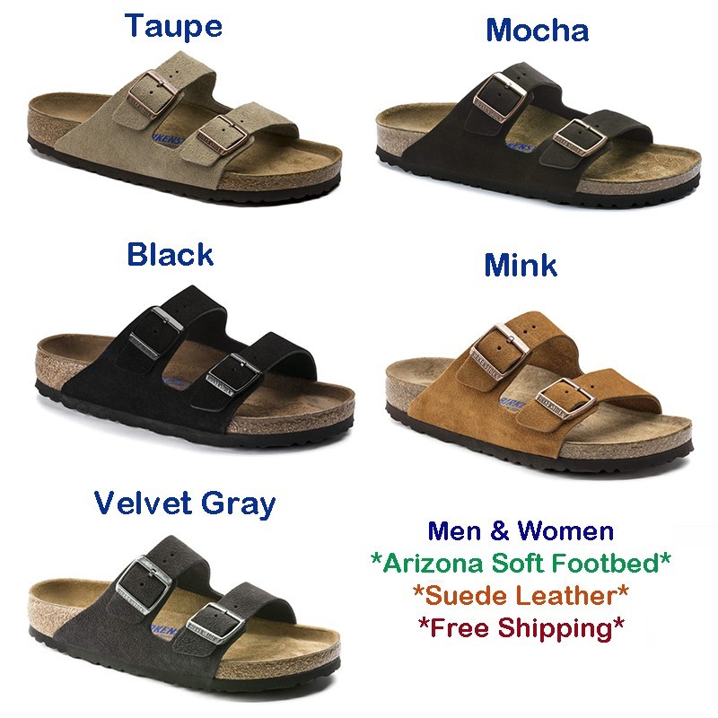 Birkenstock Arizona Soft Footbed Suede Leather Sandals Taupe-Mocha-Mink-Black