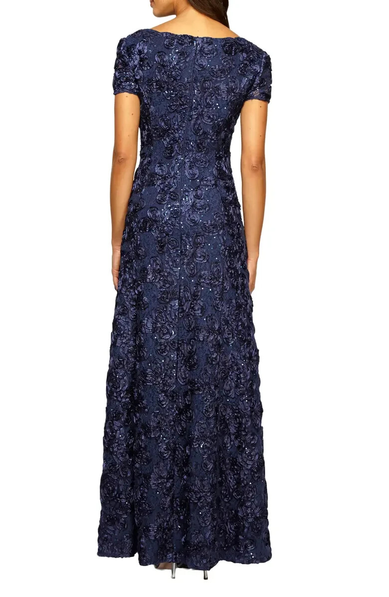 Alex Evenings Navy Blue Sequin Rosette Lace A-Line Gown Size 14 $269