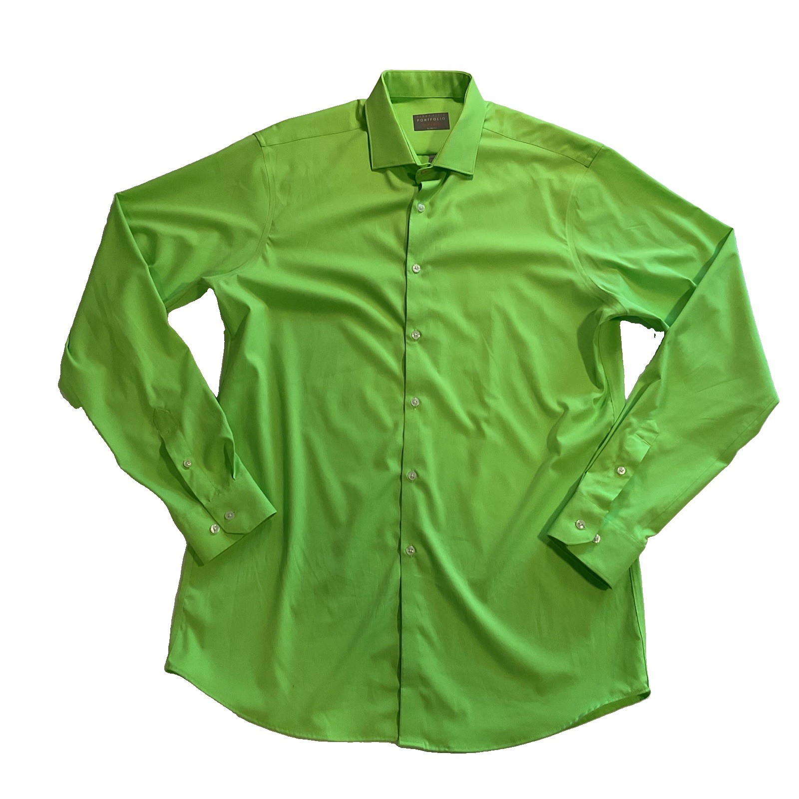 Perry Ellis Portfolio Shirt Mens 16 1/2 36/37 Bright Green Tech Slim Fit Stretch