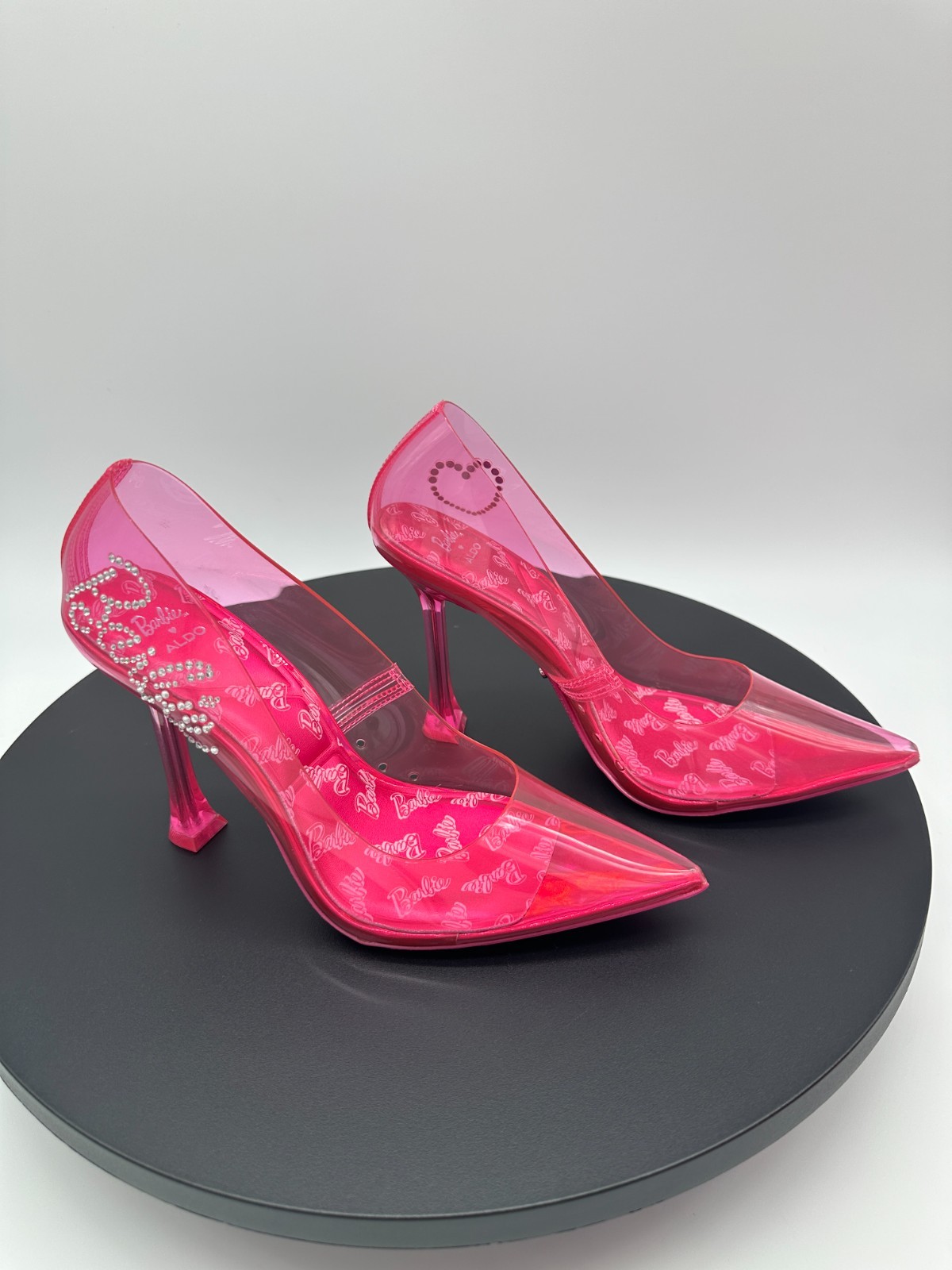 Barbie X Aldo Barbietessy Size 7 Pink PVC Crystal Logo Heels Pumps US NIB