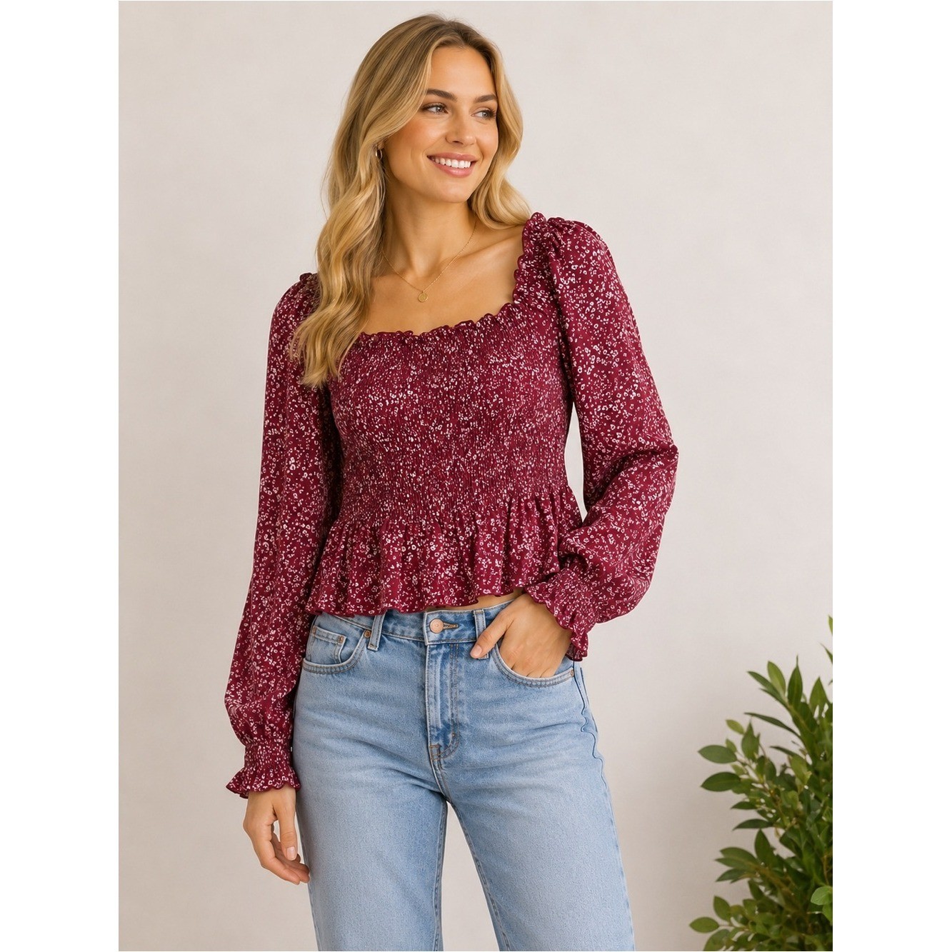 Urban Romantics Smocked Floral Peplum Top Small NWT