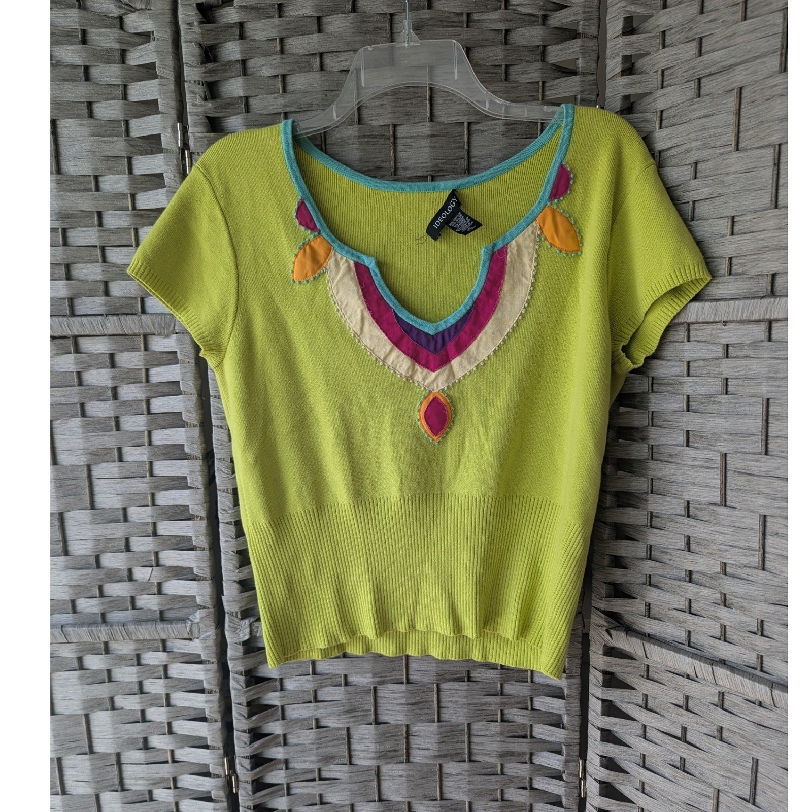 Short Sleeve Sweater Lime Green Beaded Applique Split Neck XL Boho Retro Bright